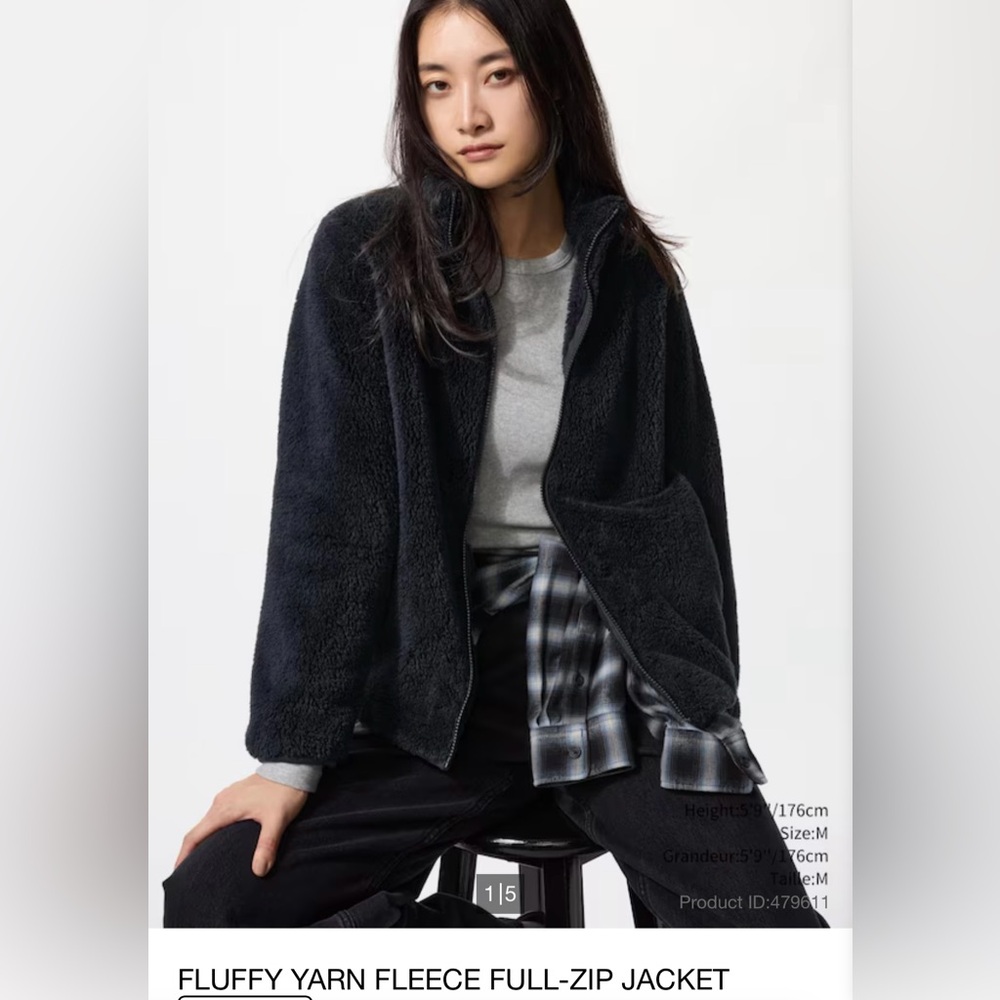 NWT Uniqlo Size L Black Fluffy Yarn Fleece Full-Zip Jacket